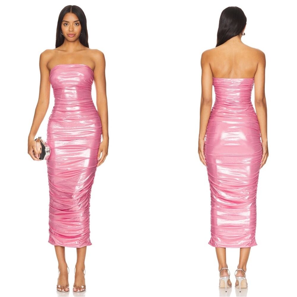 RETROFETE Irie Strapless Ruched Bodycon Metallic Fondant Pink Midi Dress Size M